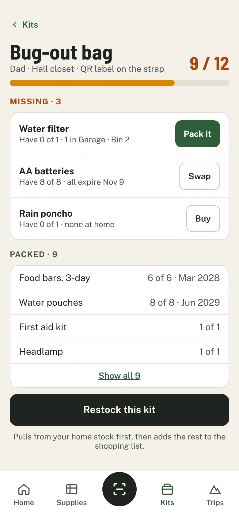 Bug-out bag kit: 9 of 12 packed, with the 3 missing items listed